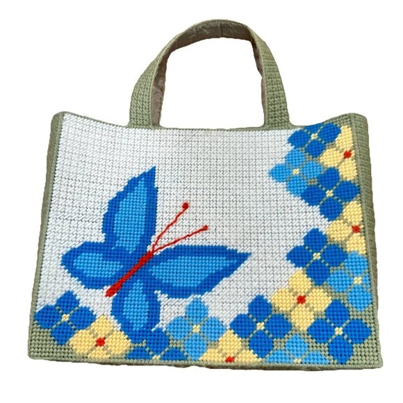 Handmade Handbags - Vintage 70s Handmade Needlepoint Floral Butterfly Tote Bag Handbag Purse